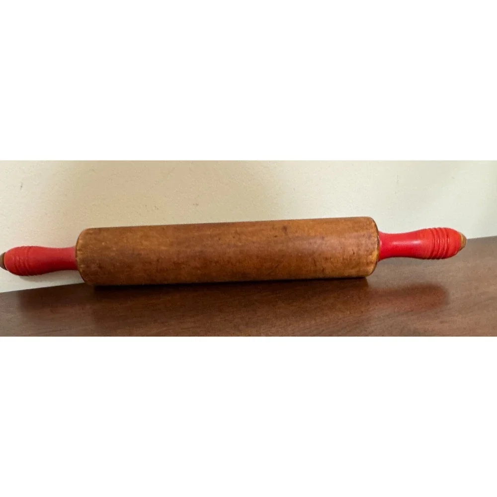 Antique Wood Rolling Pin Painted Red Handles 17.5